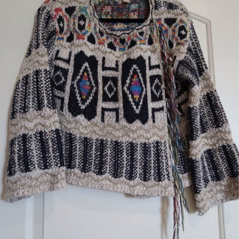 Navy Gold Multicolor Fringe Sweater by Moth, from Anthropologie, Sz SP